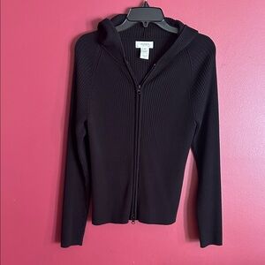 Vintage Women’s Jones Sport Black Ribbed Zip-Up Sweater with Hood